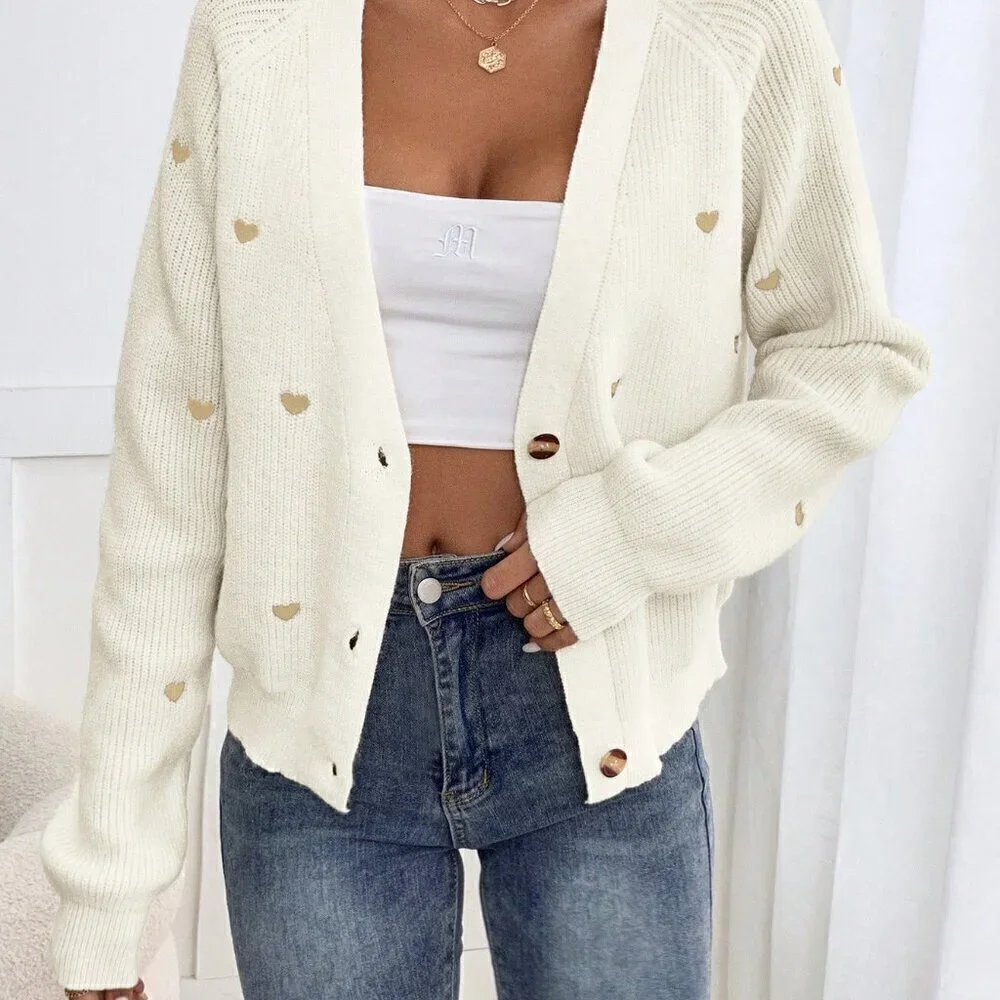 White Casual Women's Cardigan With Heart Embroidery